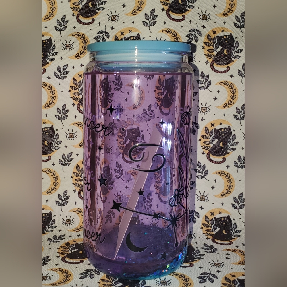 Hand pressed 20oz Zodiac snow globe glass cup
